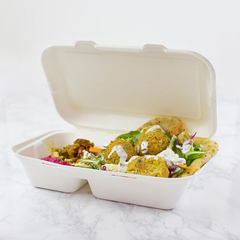 2 Compartment Clamshell Bagasse Takeaway Food Box 7inch
